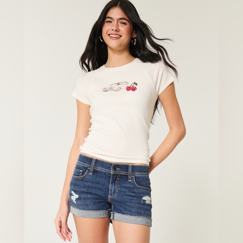 HOLLISTER Low-Rise Ripped Dark Wash Denim Shortie Shorts